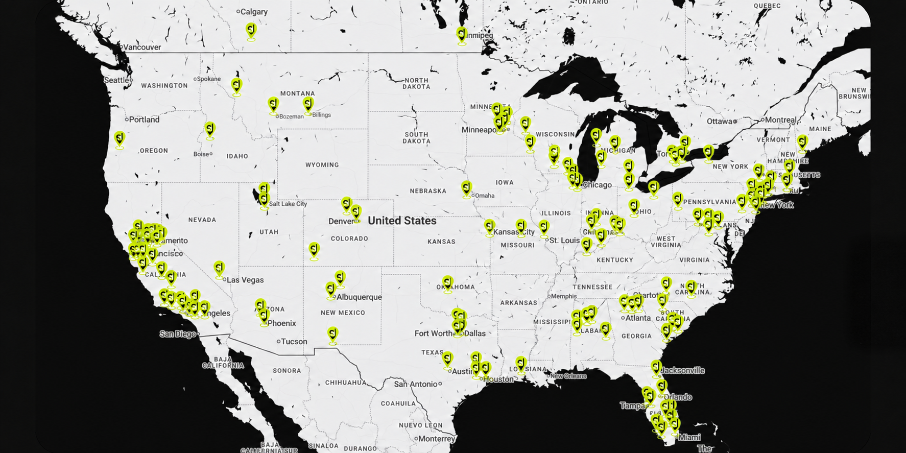 Map of current Shop Launch clients across the United States and Canada