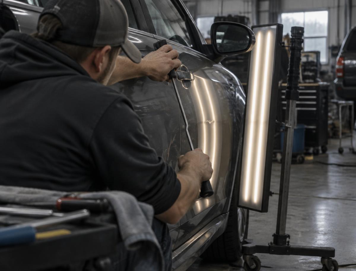 A PDR technician working a dent with a light board on a car panel